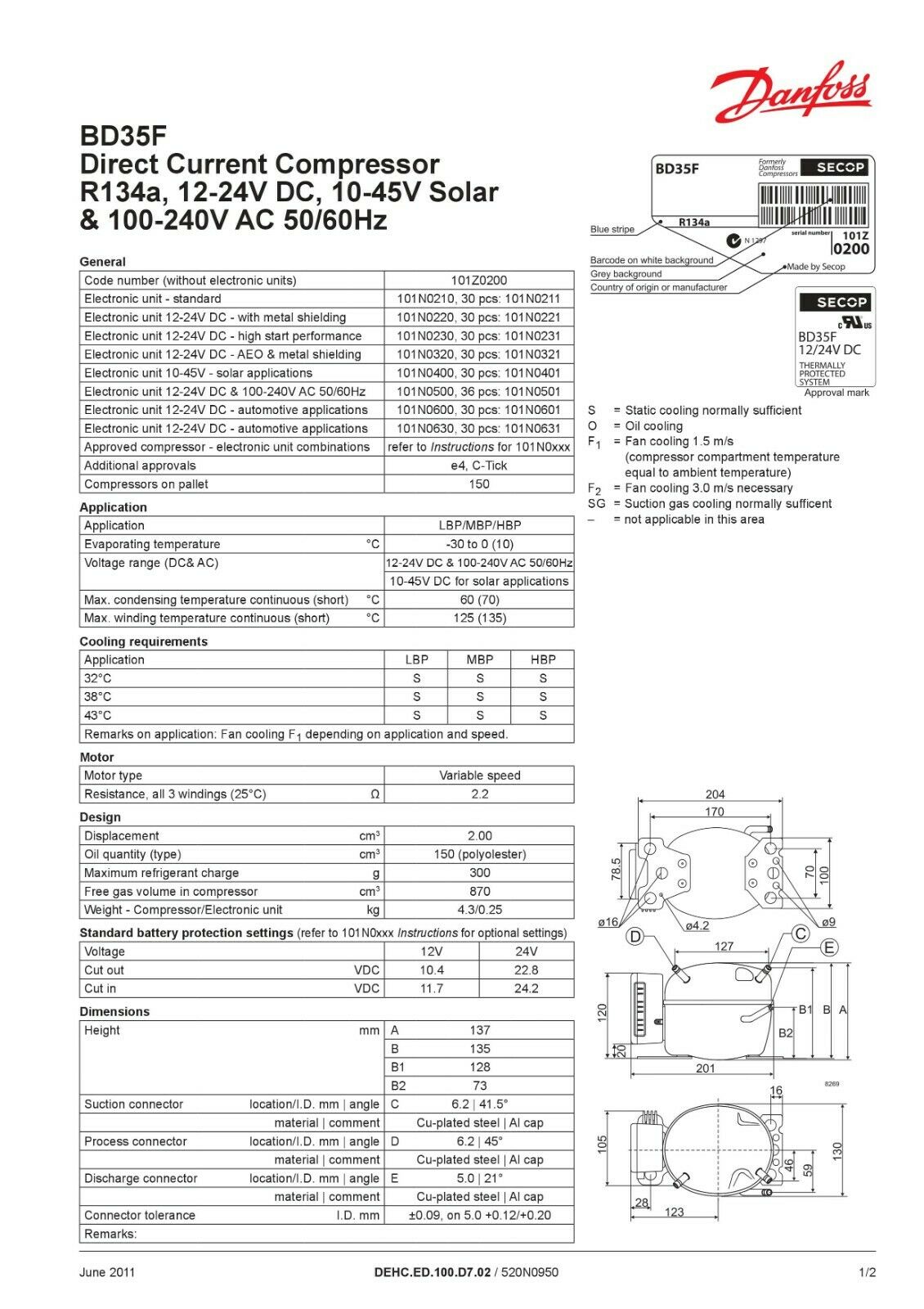 Danfoss Secop BD35f R134a 12V 24V DC Refrigeration Compressor Fridge Freezer